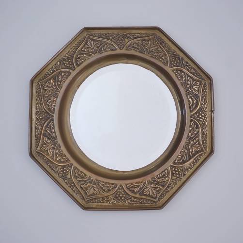 Antique Arts & Crafts octagonal wall mirror, embossed brass grapevine, bevelled, 1900`s ca, English